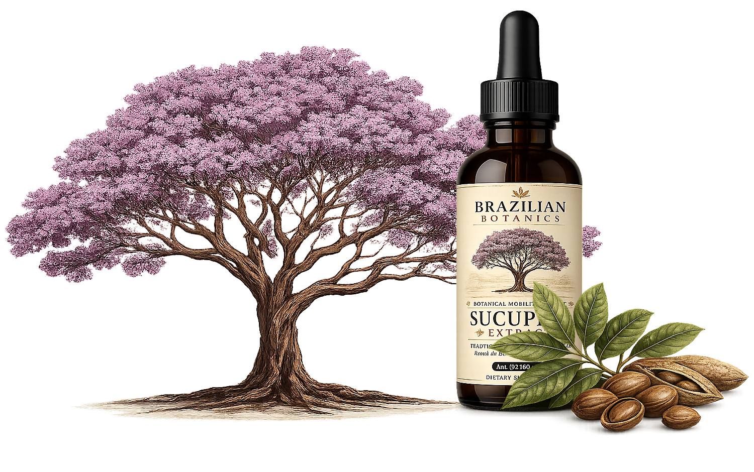 Brazilian Botanics sucupira extract beside a flowering sucupira tree